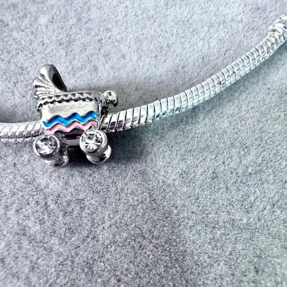 Baby Carriage Stroller Charm Silver Pink Blue fits PANDORA